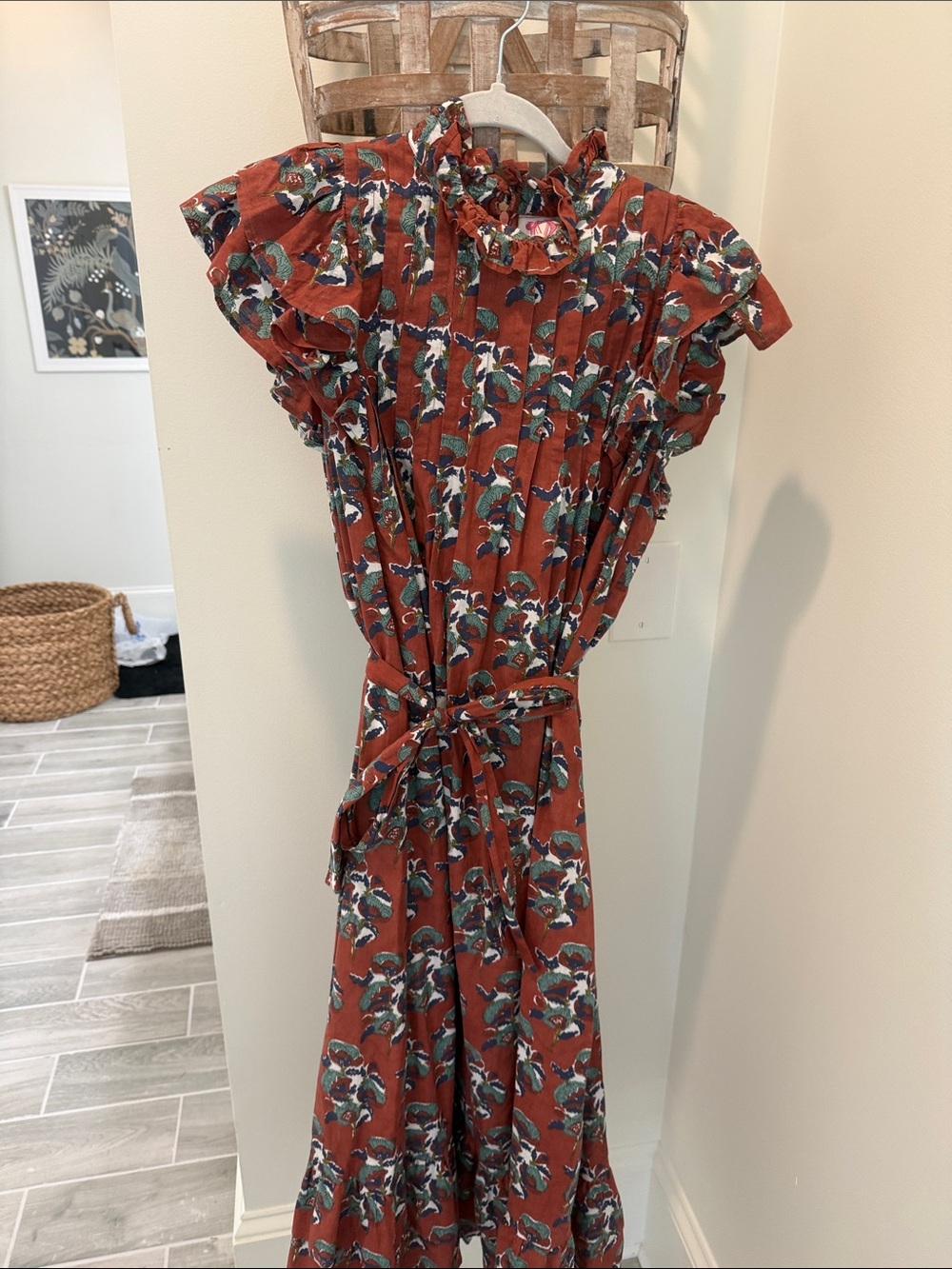 Victoria Dunn Rust Floral Midi Dress with Ruffle Neck and Tie Waist